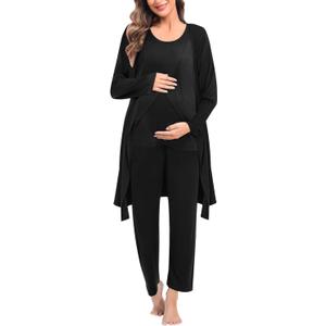 SWOMOG Maternity Nursing Robe Set 3 PCS Postpartum Breastfeeding Pajamas Hospital Pregnancy Pjs Double Layer Lounge Set (Large, Black)