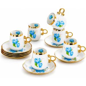 Porcelain Tea Cups and Saucers Set of 12, Blue Floral Coffee Cups with Gold Trim, 100ml Espresso Turkish Coffee Cups, Elegant Tea Party Set (Blue 100ml 6 cups 6 plates)