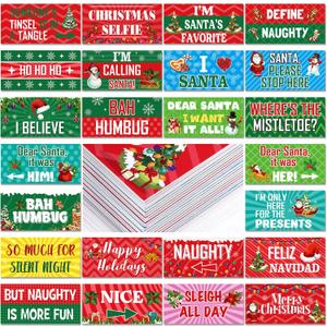Beeveer 24 Designs Christmas Photo Booth Props Double Sided 11x5.51'' Christmas Party Decoration Red and Green Xmas Props for Photoshoot Supplies Waterproof Selfie Signs PVC for Holiday Party Supplies