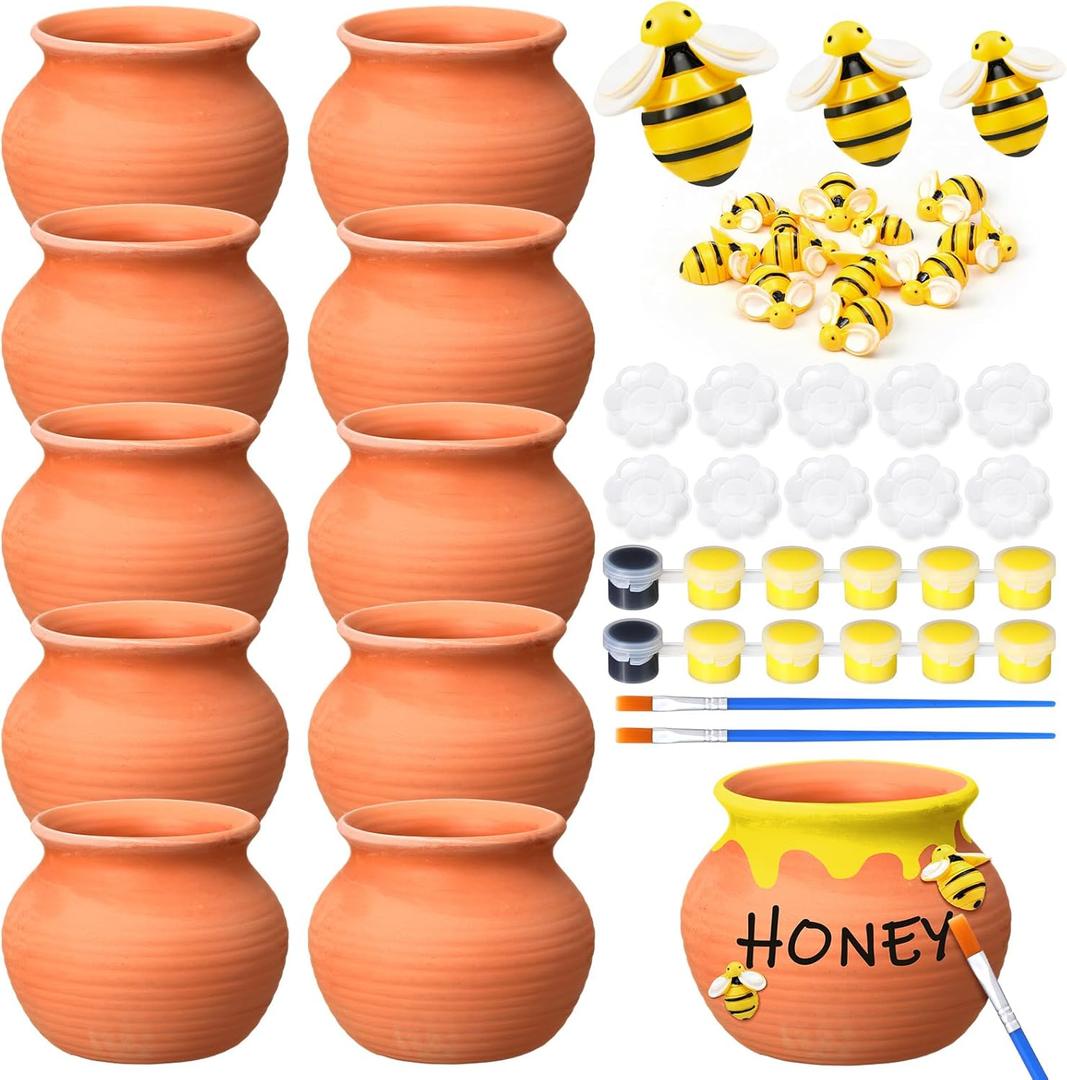 10 Sets Terracotta Clay Honey Pots Kits Bulk Bee Birthday Party Table Centerpieces Decorations DIY Honey Pot Jar Activity Bee Party Favors Gift for Guest Summer Baby Shower Crafts (Classic)