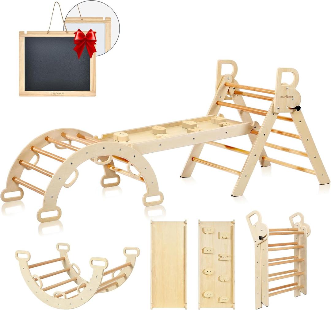 BlueWood Pikler Triangle Set, 7-in-1 Foldable Wooden Toddler Climbing Toys Indoor Playground Jungle Gym Montessori Philosophy Climber for 2-6 Years Old, Baby, Kids (Natural)
