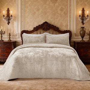 Luxury Velvet Quilt Set Oversized King Size 120x120 Striped Pick Stitch 3 Piece Bedspread with 2 20x36 Pillow Shams Soft Coverlet Bedding Set Lightweight Comforter for All Season Beige