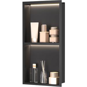 LED Shower Niche 24 x 12, Recessed Wall 2-Tiers Shelves (Black), Double layer