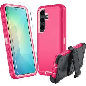for Samsung Galaxy S25 Case, S25 Heavy Duty case, [Belt Clip Holster] [Glass Screen Protector] [Military Grade Protective ] [Shockproof] [Dropproof] [Dust-Proof] (with Belt Clip, Rose/Pink)