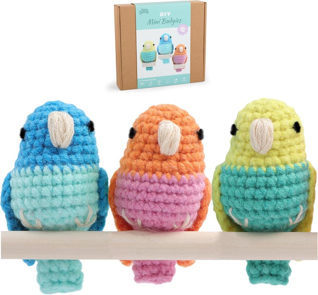 HOUSE CREATIVITY Crochet Kit for Beginners, Arts and Crafts Knitting & Crochet Animal Kit for Adults with Yarn Sets, Step-by-Step Video Tutorials, Holiday Birthday Gifts (Mini Budgies)