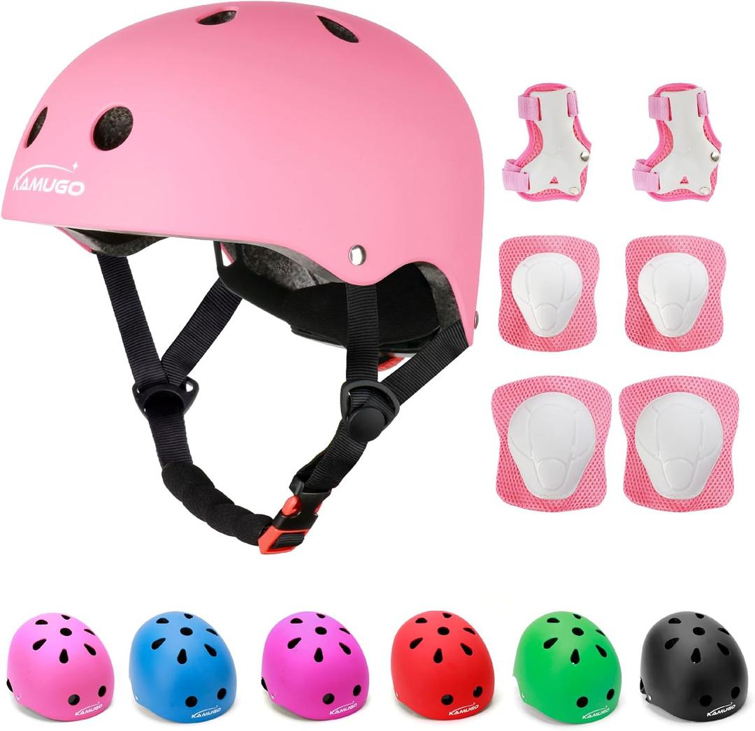 KAMUGO Kids Adjustable Helmet, with Sports Protective Gear Set Knee Elbow Wrist Pads for Toddler Age 2-8 Boys Girls, Bike Skateboard Hoverboard Scooter Rollerblading Helmet Set (pink)