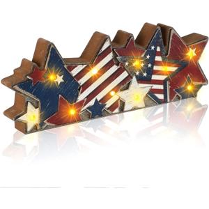 Youyole 4th of July Decorations-Retro Patriotic Table Centerpieces with LED Lights,Memorial Day Star Wooden Sign Decor, 3D Block Red White Blue Decor for 250th Anniversary Home Mantel Desk Party, 13 x 3.35 inches