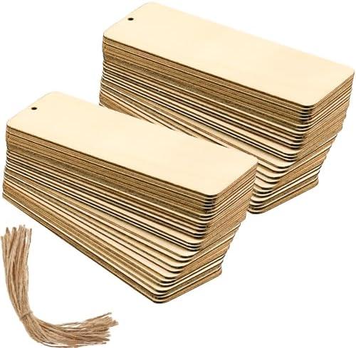 Zonon 36 Sets 6 x 2 Inch Large Size Wood Bookmarks Blank DIY Kit Unfinished Wooden Hanging Tags Rectangle Blank Bookmark Ornaments with Ropes for DIY Crafts, Wedding Birthday Party Decors