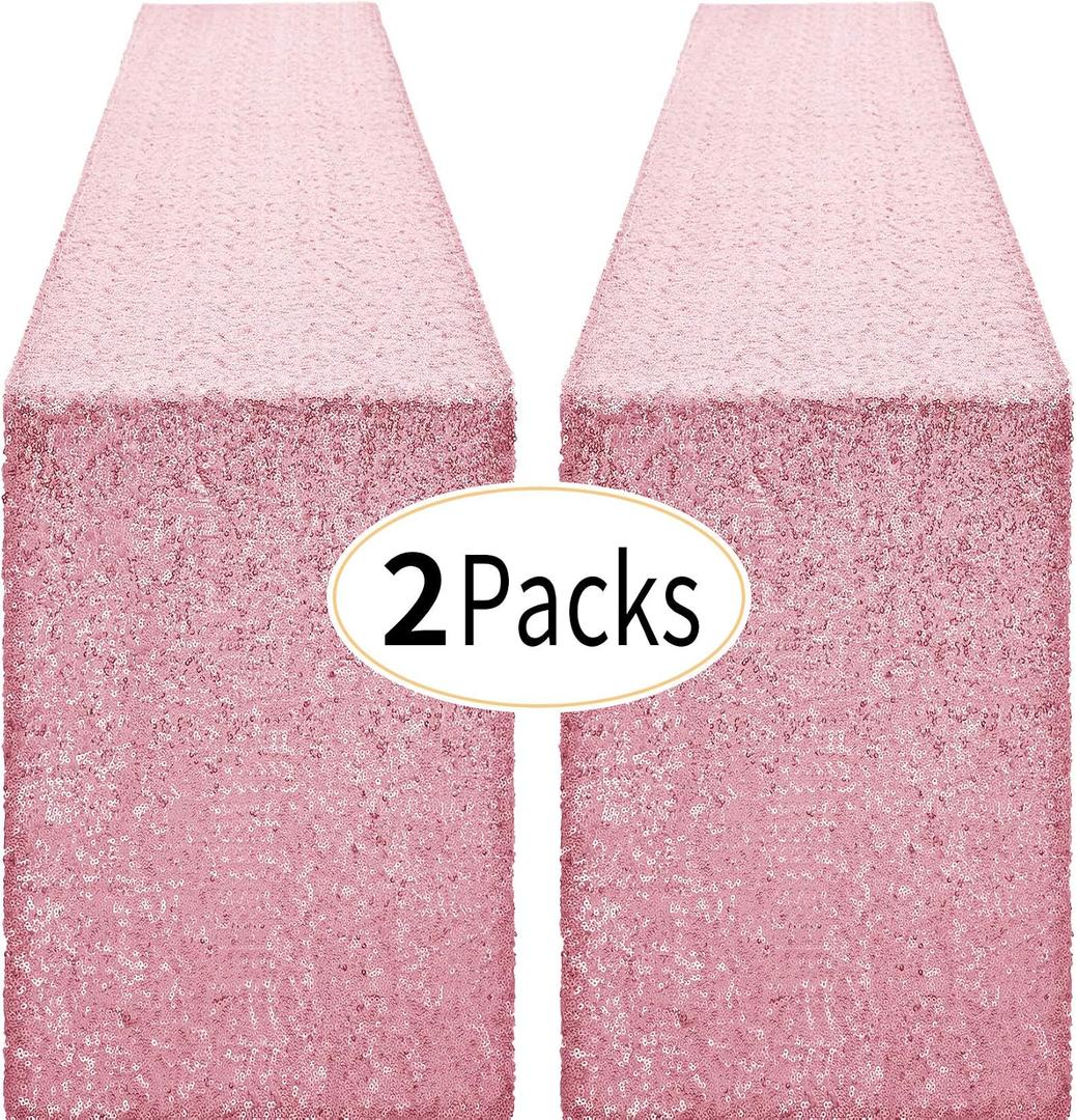 2 Packs 12 x 72 inches Light Pink Sequin Table Runner, Glitter Runner for Birthday Party Supplies Decorations Wedding Bachelorette Holiday Celebration Bridal Shower Baby Shower