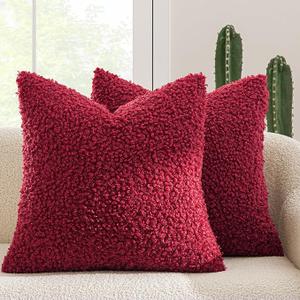 MIULEE Pack of 2 Christmas Faux Fur Throw Pillow Covers 18x18 Inch Red Boucle Decorative Sherpa Pillow Covers Fuzzy Accent Soft Sheepskin Fleece for Boho Home Decor Sofa Living Room Couch Bed