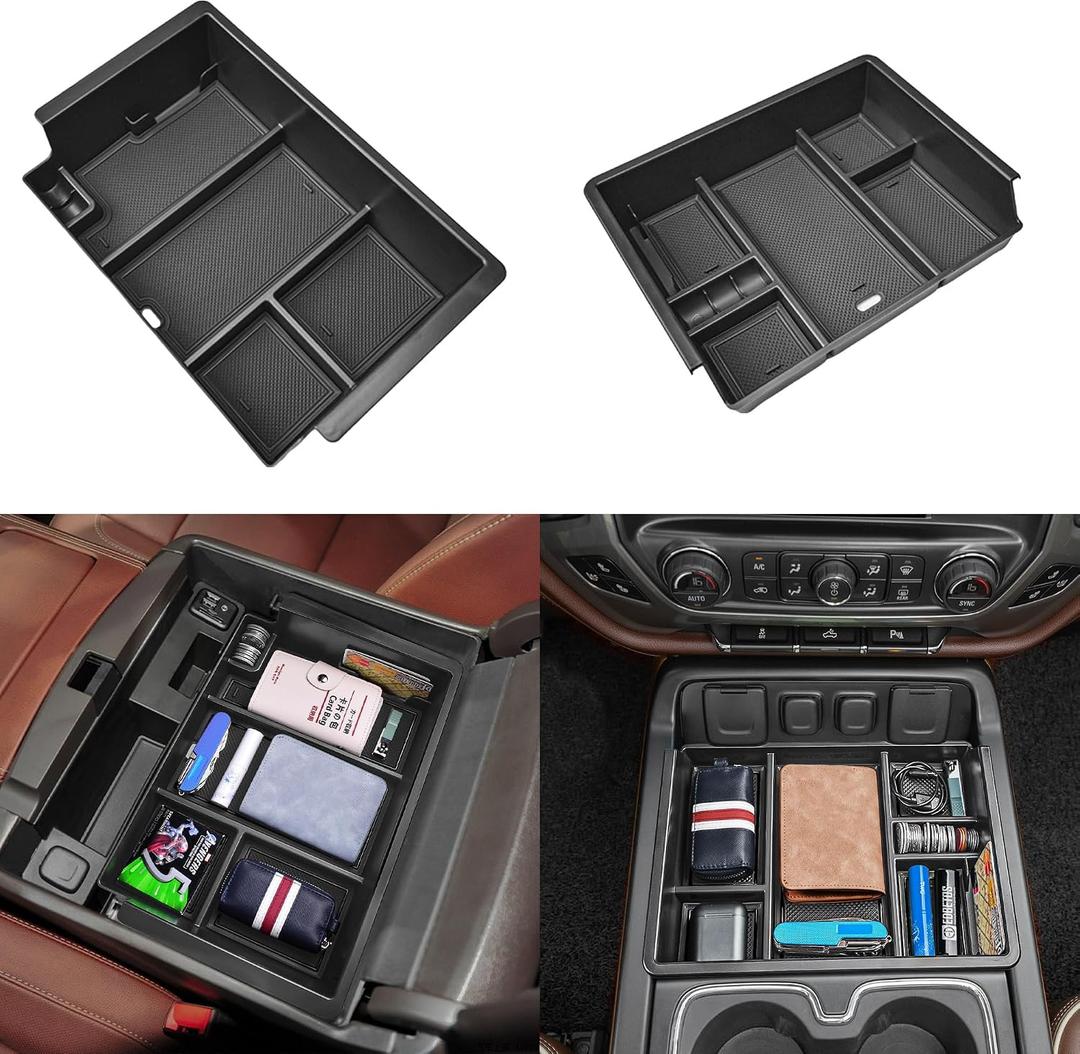 EDBETOS 2PCS Center Console Organizer Compatible with 2014-2018 Chevy Silverado/GMC Sierra 1500 Accessories 2015-2019 Silverado/Sierra 2500HD/3500HD Armrest Box Insert Tray, Full Console w/Bucket Seat