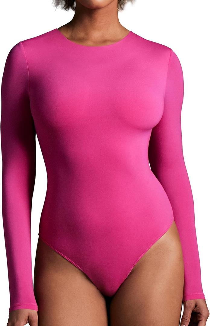 IUGA Long Sleeve Bodysuits for Women Crew Neck Body suit Women's Slimming Basic Tummy Control Bodysuit Tops (Pink, XL)