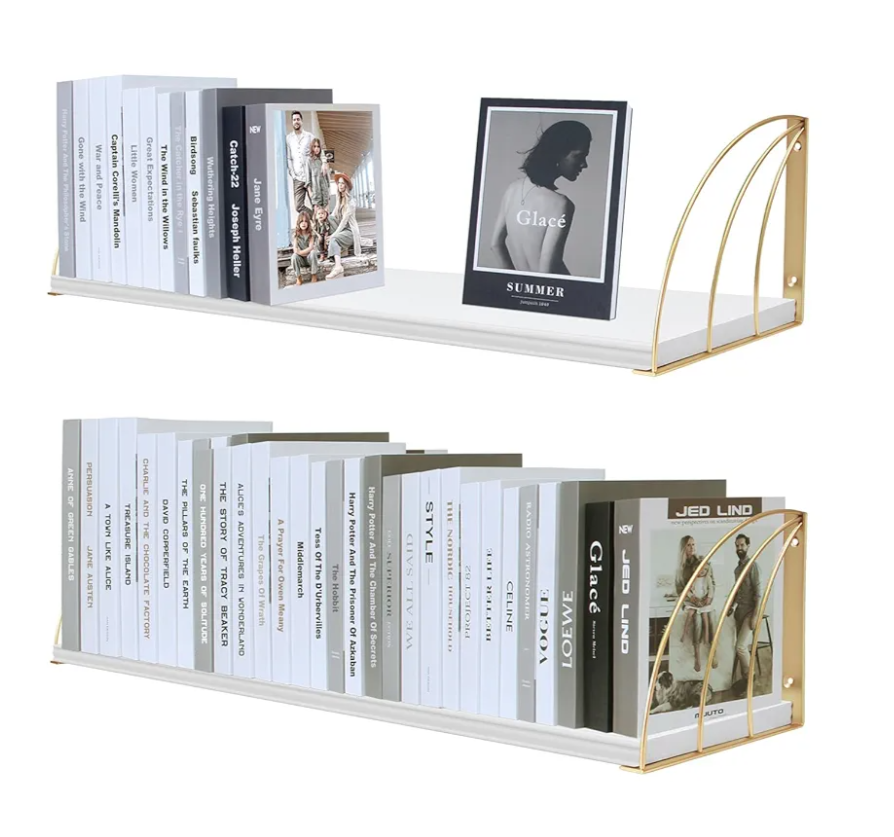 Gold White Shelves Pine Wood 23.5×7.87 Inch Book Shelf for Wall with Elegant Lines,Gold Floating Shelves,Floating Shelves for Wall,White Floating Bookshelf Set of 2.