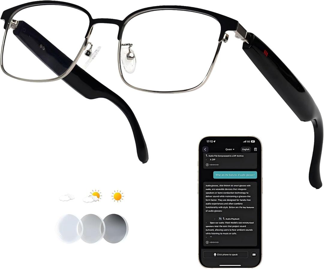 AI Smart Glasses with 164-Language Translation & Bluetooth Audio | Photochromic lenses, 170mAh battery, open-ear audio for travel, work, sports