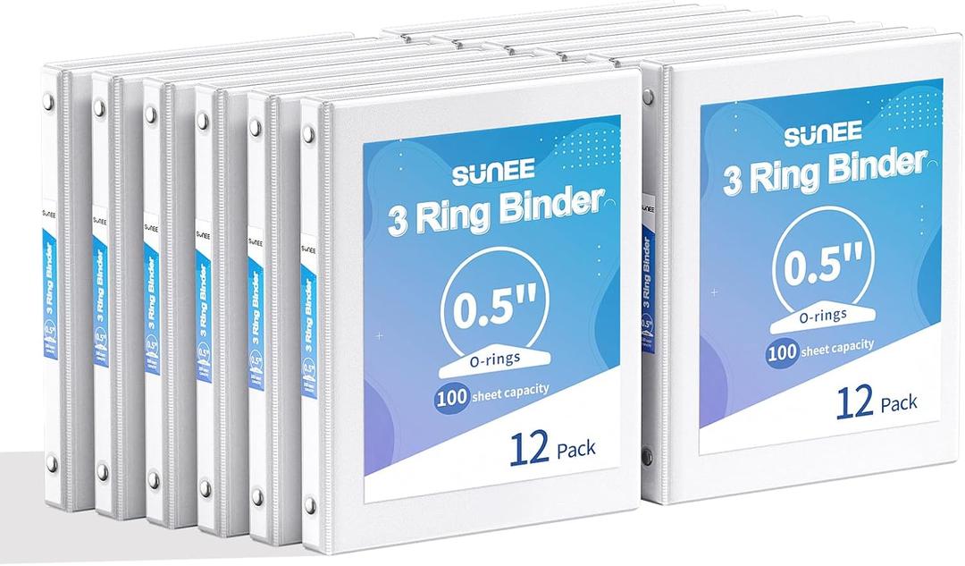 SUNEE 1/2 Inch Binders 3 Ring 12 Pack Bulk, 3 Ring Binders Clear View PVC-Free (Fit 8.5x11 Inches) for School or Office Supplies, White