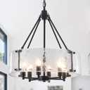 6-Light Black Glass Farmhouse Chandelier for Dining Room, 18.89" Round Modern Drum Chandeliers for Kitchen Island, Living Room, Bedroom,Entryway & Foyer Hanging Light Ceiling Fixture