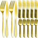 Nuenen 150 Pcs Stainless Steel Set 75 Dinner Forks and 75 Knives, Metal Steak Knives Forks Flatware Tableware Cutlery Set for Home Restaurant (Gold,9.06 x 0.79 Inches,8.07 x 0.94 Inches)