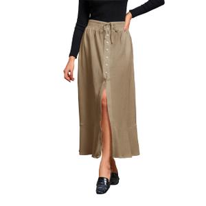 MAKABO Women's Maxi A Line Skirt with Slit, Fall Khaki Ankle Length Skirt Length Tie Outfits for Date Night Vacation, S