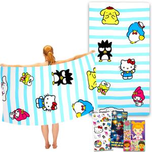 SANRIO Hello Kitty Beach Towel Set - Bundle with Microfiber Pool Towel, Stickers, More | Hello Kitty Beach Set (Blue)