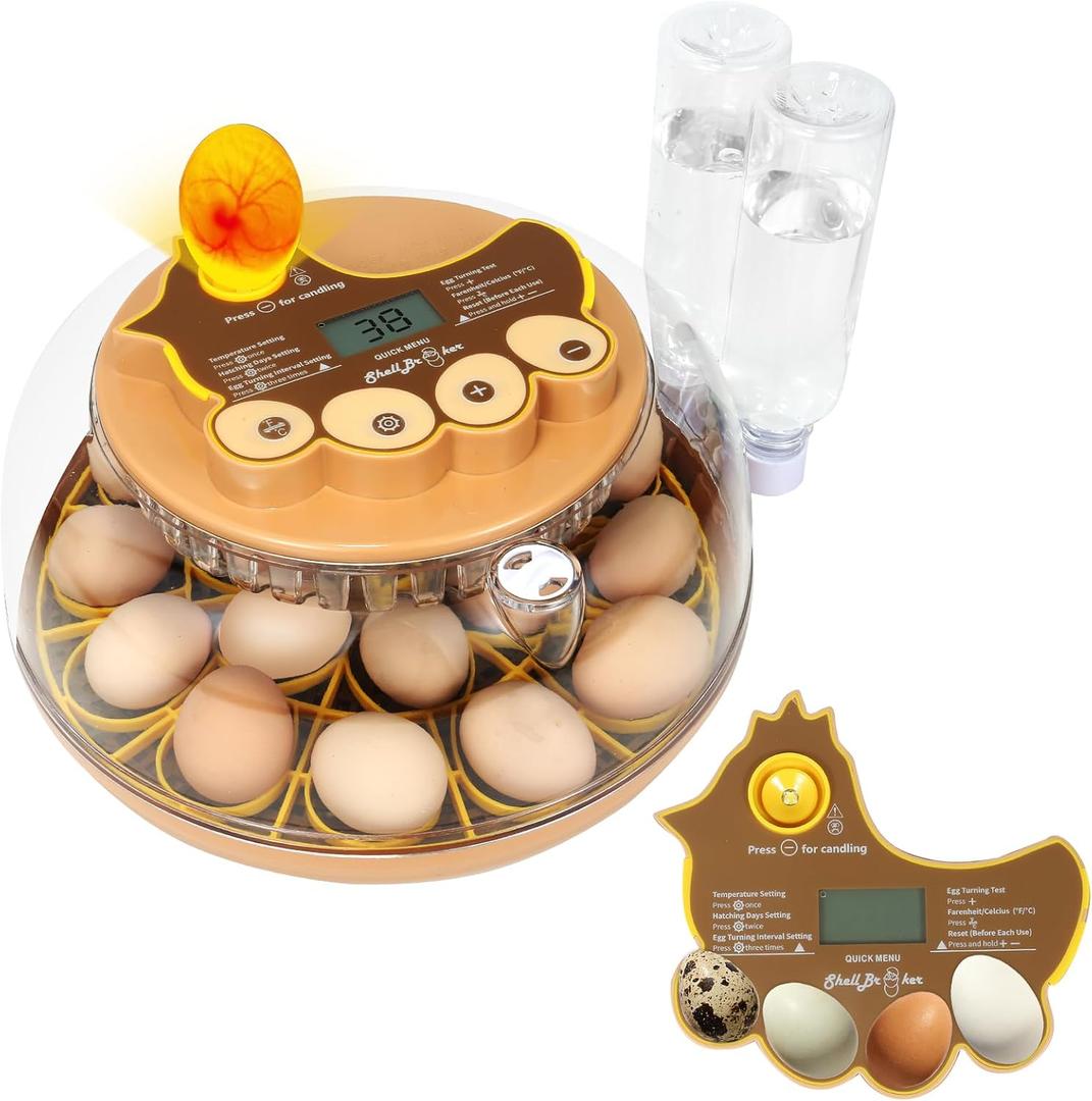 Series III-18 Egg Automatic Incubator with Smart Dual-Bottle Adaptive Humidity & Stable Temp Control, Adjustable Auto Egg Turn, Auto Lockdown, Customizable Incubation Days, Candler(18-Egg-Brown)