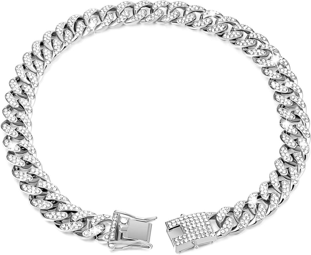 Tallew Silver Dog Chain Diamond Collar Walking Metal Chain Necklace with Secure Buckle Pet Cuban Style Collar Jewelry Accessories for Small Medium Large Dog Cats(22 Inch)