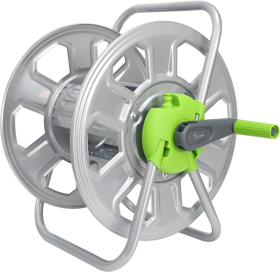 Metal YESTAR Water Hose Reel Cart,Hold 65-147 Ft of 5/8 Inch Hose,Wall Mounted Garden Hose Reel,Portable Water Hose Holder for Outside Hose Storage (Silver-Metal)