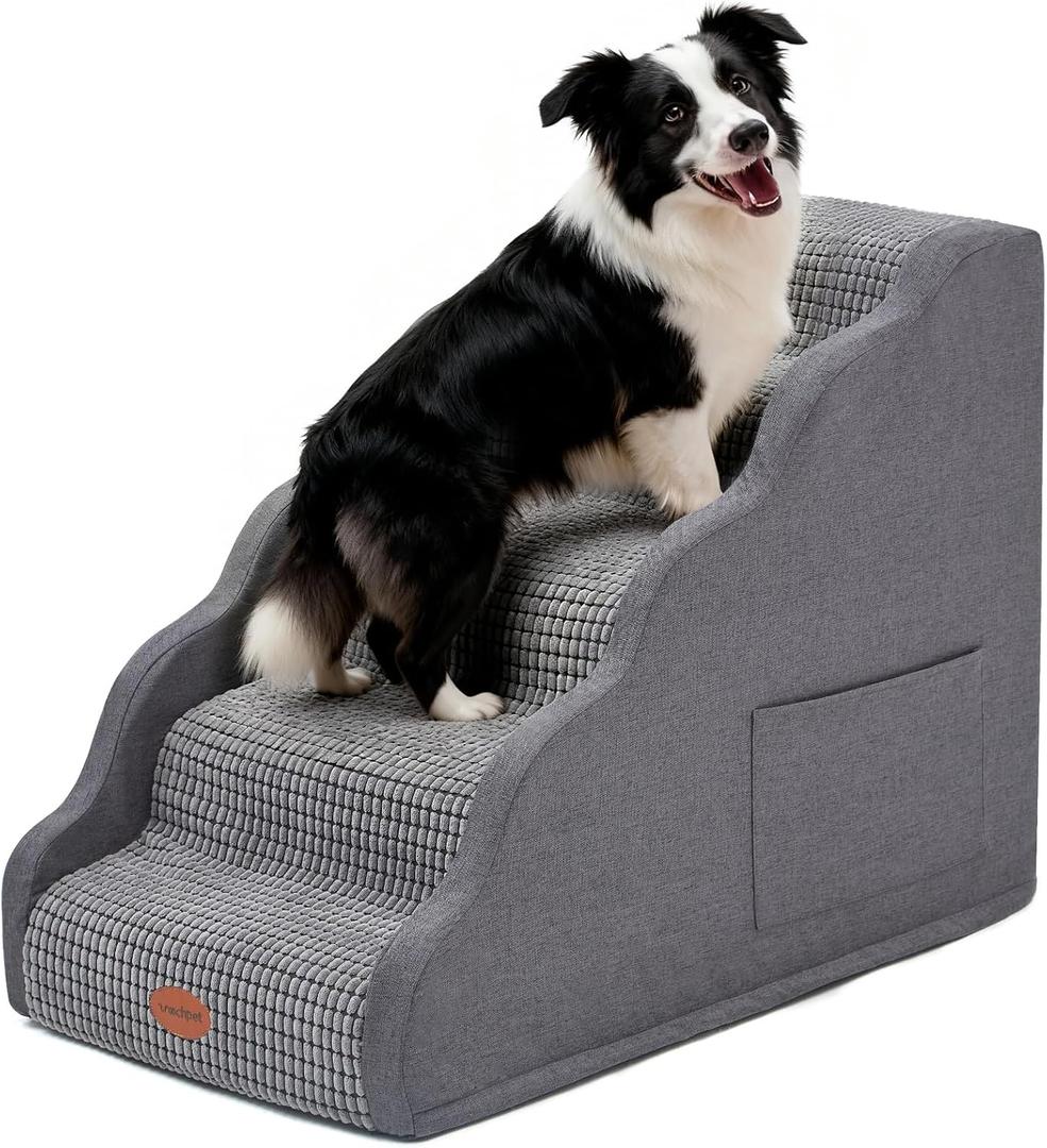 Side Armrest Dog Stairs for High Beds Up to 26-30", 5-Step Pet Ramp with Weighted Base Plate, Washable Cover, Gentle Slope Steps, Bed & Couch Ladder for Small Medium Dogs & Senior Cat