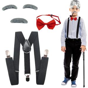 4E's Novelty Kids Old Man Costume Accessory - 100 Day of School Costume Accessories for Boys Girls Old Lady Outfit Prop (Suspenders, Mustache & Eyebrows, Bow Tie)