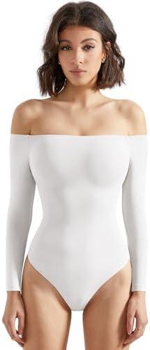 SUUKSESS Women Off the Shoulder Long Sleeve Bodysuit Double Lined Thong Bodysuit, Large