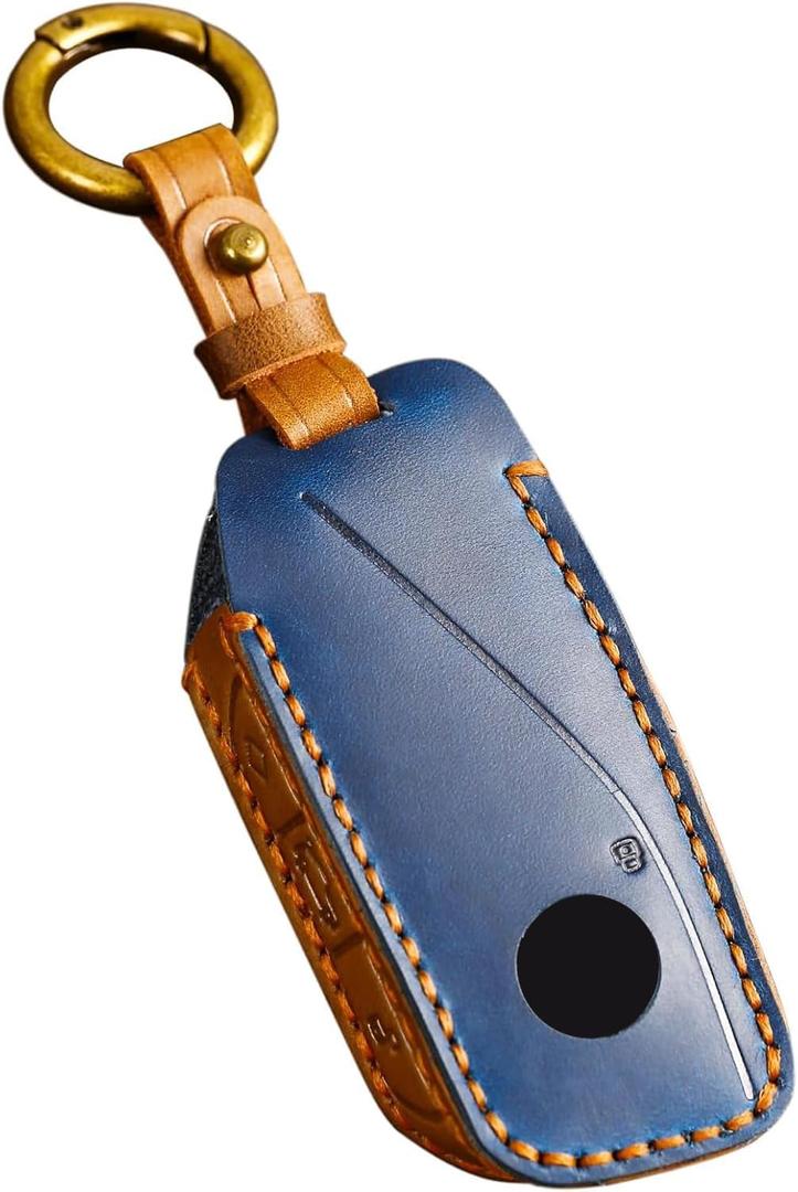 OLLEN Screws-Free Genuine Leather Key Fob Cover Fit for BMW 2023-2025~up New 5/7 Series 740i 760i X1 X2 X3 X5 X6 X7 XM IX IX3 I5 I7 etc, with Key Ring, Blue