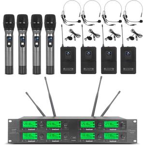 WENWEN Wireless Microphone System Frequency A 8 Channel Microphone UHF 4 Handheld Mic 4 Headset 4 Lavalier Bodypack 4 Lapel Mic Karaoke System Church Speaking Conference Wedding Party Ktv
