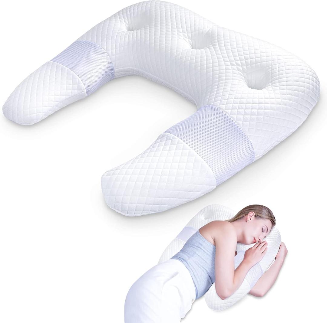 SAHEYER Side Sleeper Pillows for Adults, U Shaped Body Pillow for Pain Relief, Orthopedic Memory Foam Shoulder Pillow for Side,Stomach, Back, Arm with Removable Washable Cover (Upgraded Version),White (25.59x 23.93x4.72/2.36 inch)