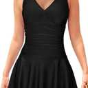 SHEKINI Women's Back Crisscross Swimdress Tummy Control One Piece Skirt Swimsuit, L