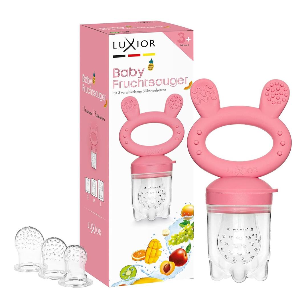 Luxior Fruit Dummy Baby Set Raspberry Fruit Teat for Baby + 3 Attachments Dummy for Filling with Fruit, Vegetables, Porridge & Baby Food Fruit Teat Baby from 3 Months BPA-Free Teething Aid