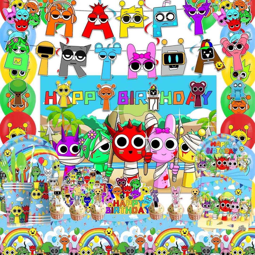 Birthday Decorations Set Party Supplies Kids Party Favors 2025 with Banner Cake Topper Cupcake Toppers Balloons Stickers Hanging Swirls Plates Cups Napkins Background Tablecloth