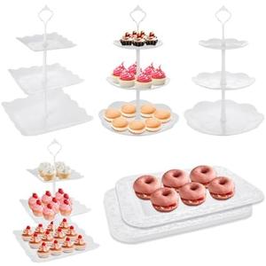 10 Pcs Cake Stand White Plastic Dessert Table Display Set 4 Pcs 3 Tired Cupcake Stand Cookie Tray Rack Serving Tray Cake Display Tower and 6 Pcs Dessert Trays for Wedding Baby Shower Tea Party