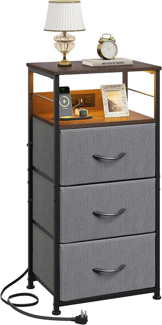 WLIVE Nightstand with Charging Station, 31.9" H Nightstand with 3 Fabric Drawers, LED Bedside Table with USB Ports and Outlets, End Table for Bedroom, Dorm, Entryway, Dark Grey, 11.73"D x 15.67"W x 31.93"H