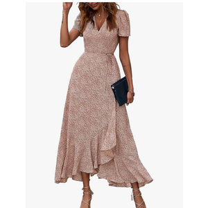 PRETTYGARDEN Women's Summer Maxi Dress Casual Wrap Floral Boho Short Sleeve V Neck Split Ruffle Beach Long Dresses
Size M