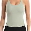 Women Ribbed Workout Crop Tops with Built in Bra Yoga Racerback Tank Top Tight Fit, M, Light Green
