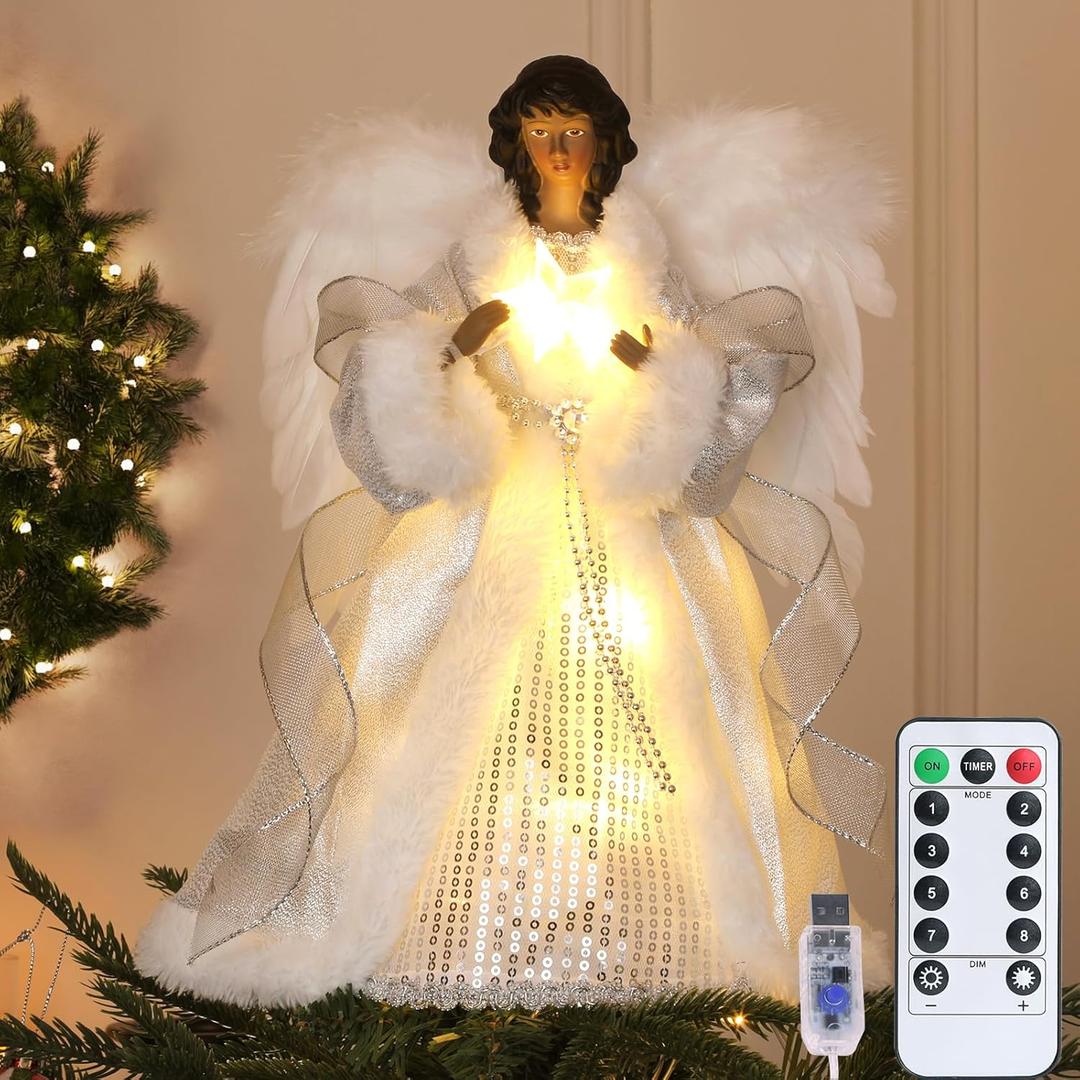 12.5" Black Angel Christmas Tree Topper with Lights, Lighted Angel Tree Topper with White Feather Wings and Star Light, Remote Control, Timer & USB Powered for Holiday Party Decor (Winter Silver)