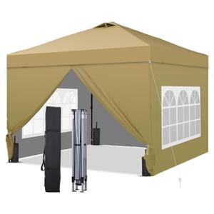 GDY 10x10 Pop Up Canopy Tent with 4 Sidewalls, Easy Set up, Outdoor Silver Coated Beach Gazebos, Carpas with 4 Sandbags, for Pool, Events, Parties, and Camping, Brown.