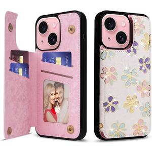 UEEBAI Wallet Case for iPhone 15 with Card Holders, PU Leather Cover Kickstand RFID Blocking Double Magnetic Clasp Rilievo Flower Shockproof Flip Case for Women Girls - White Daisy