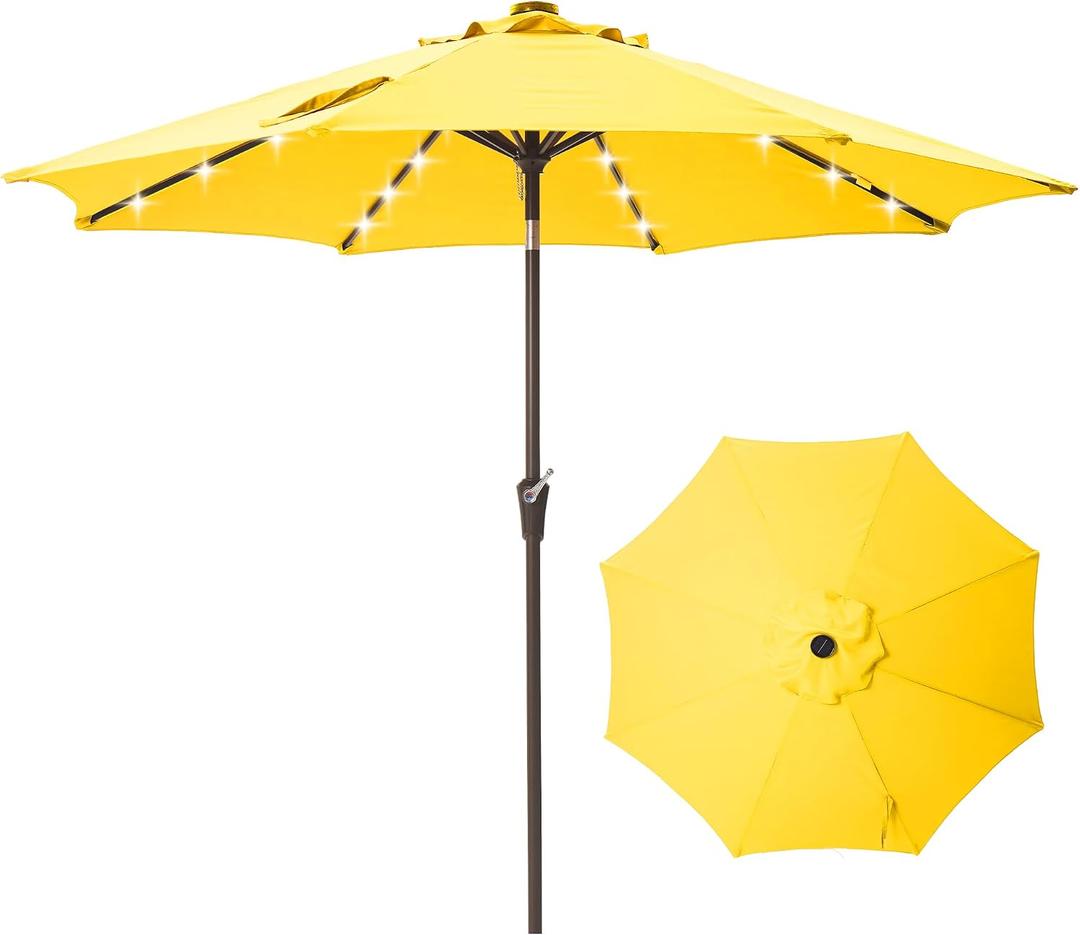 9FT Solar-Powered LED Patio Umbrella with Tilt Crank,Outdoor Market Umbrella with 32 Lights,Sunshade for Deck, Garden and Pool