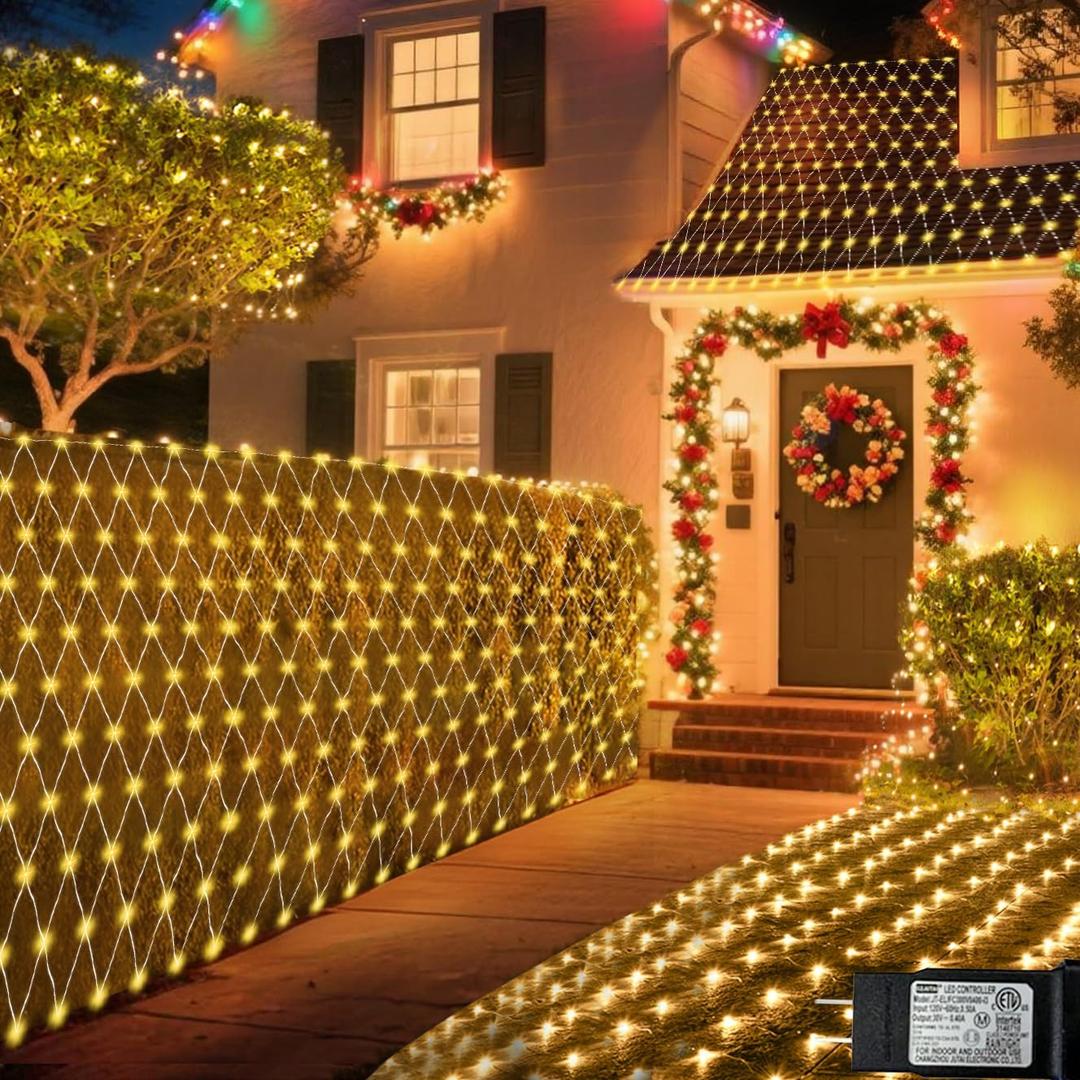 Christmas Net Lights, 610 LED Large Outdoor Net Mesh Lights 34.5X 5ft, 8 Modes Waterproof Twinkle String Lights Connectable for Bushes Christmas Yard Decor, Warm White