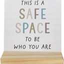 Mental Health Wooden Sign, Safe Space Quote, 4 x 5.5 Inches, Modern, Tabletop Mount, Words & Quotes, Home & Office Decor, Gift (White, Brown)