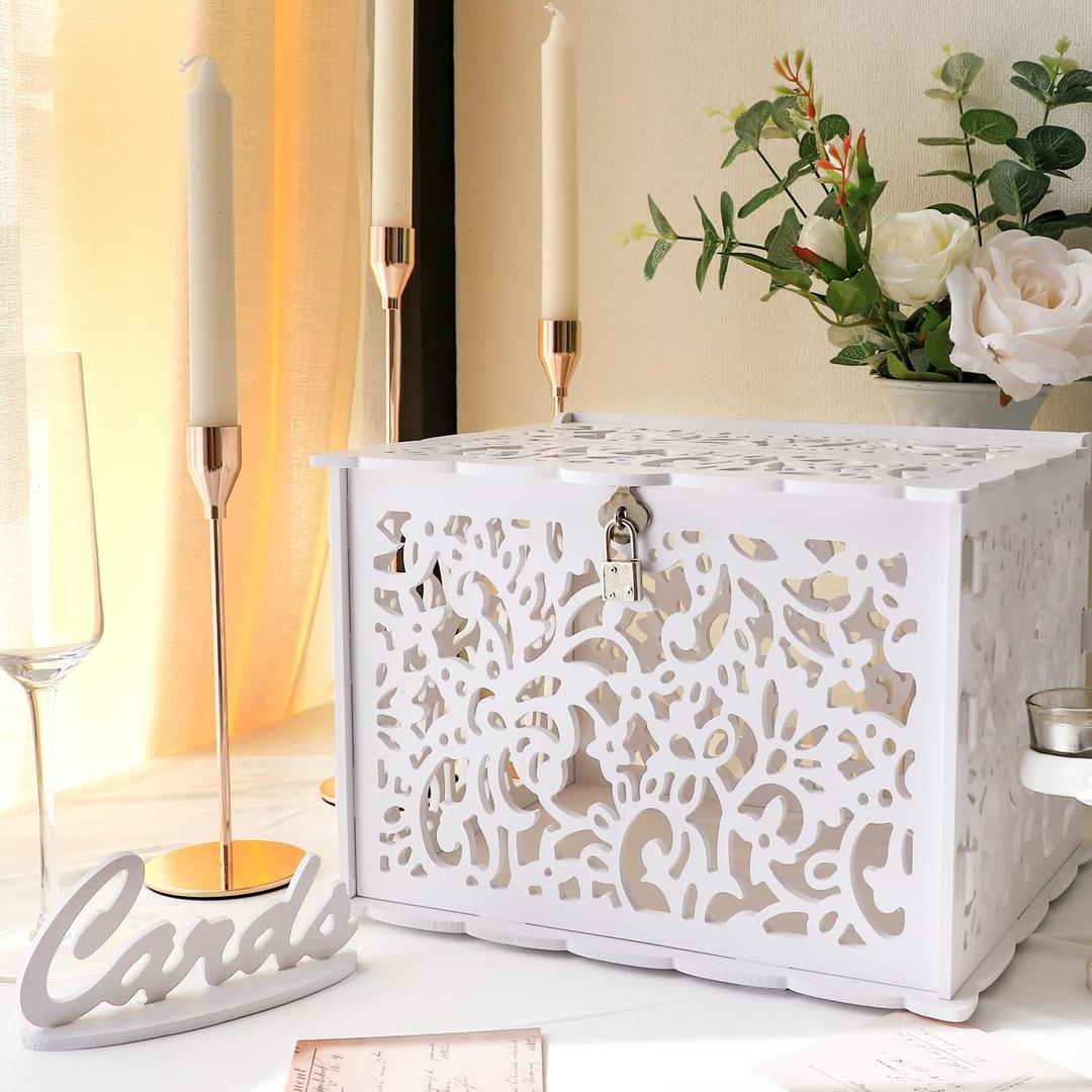 White Wedding Card Box with Lock, PVC Card Box for Wedding Reception, DIY Wedding Money Envelope Box for Party Graduation Birthday Baby Shower Decorations