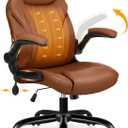 Office Desk Chair, Ergonomic Computer Chair with Padded Flip-Up Arms and Adjustable Lumbar Support, PU Leather Executive Chair with Tilt Lock and 360 Swivel Rolling Wheels for Work, Study (Brown)