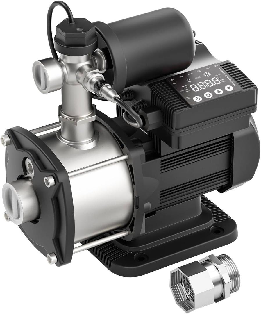 0.6HP, 57PSI, 21GPM Smart Water Pressure Booster Pump, Variable Speed & Power, Constant Pressure Pump for Home House, Shower, Irrigation, 115V, 1" NPT, Stainless Steel Impeller & Volute, PMSM