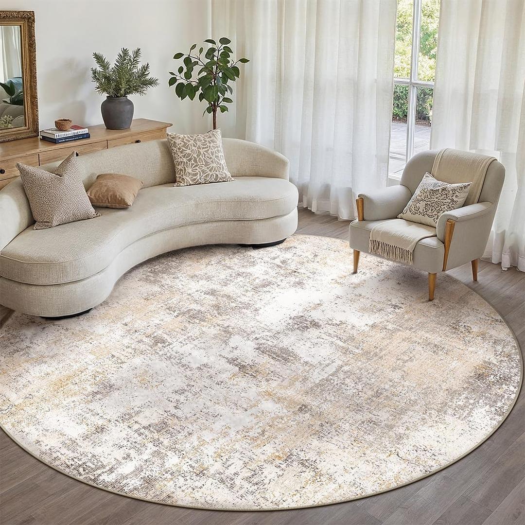 8x8 Washable Round Rug Beige Grey Abstract Living Room Bedroom Area Rug Neutral Modern Non Slip Soft Low Pile Indoor Carpet for Dining Room Office Entryway