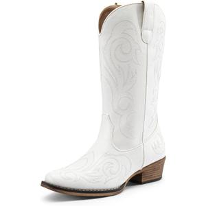 DREAM PAIRS Women's Cowboy Boots Mid Calf Cowgirl Boots Square Toe Chunky Heel Embroidery Stitched Western Boots, White (US 8.5)